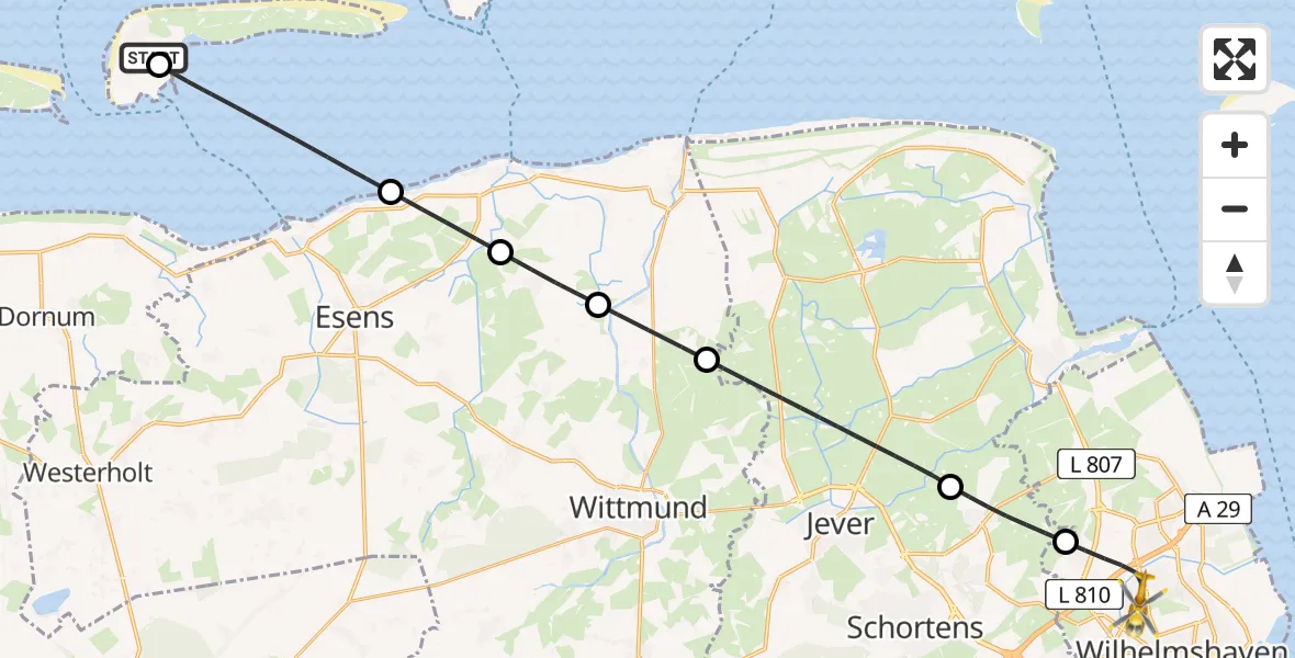 Flugroute Rettungshubschrauber Langeoog Flughafen - Wilhelmshaven, 19 Mai 2026, 23:52