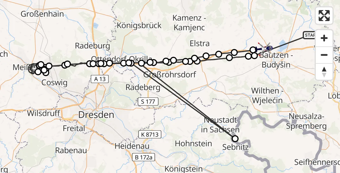 Flugroute Polizeihubschrauber Malschwitz - Bautzen, 20 Mai 2026, 00:06
