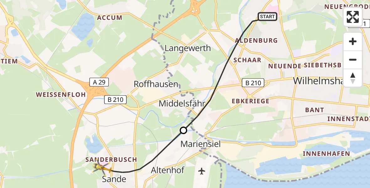 Flugroute Rettungshubschrauber Wilhelmshaven - Sande, 20 Mai 2026, 00:24