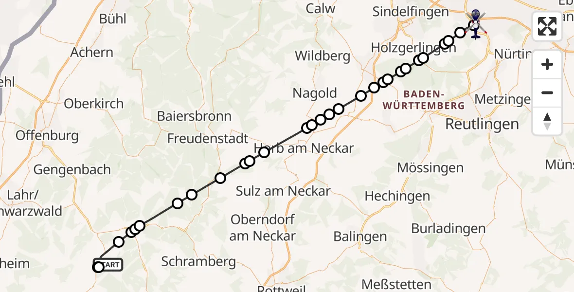Flugroute Polizeihubschrauber Mühlenbach - Flughafen Stuttgart, 20 Mai 2026, 00:59
