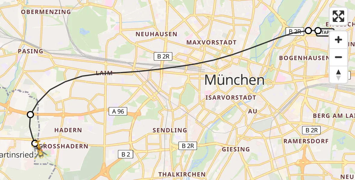 Flugroute Rettungshubschrauber München Bogenhausen Hospital - DRF Air Rescue München Hubschrauberlandeplatz, 20 Mai 2026, 02:19