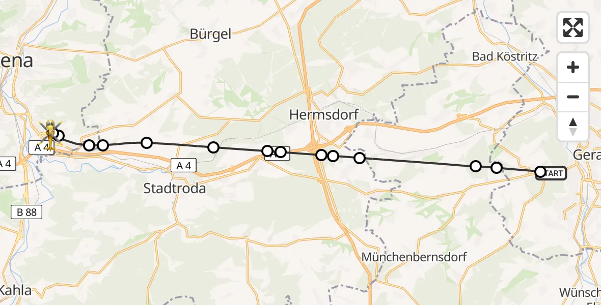 Flugroute Ambulanzhubschrauber SRH Wald-Klinikum Gera Hospital - Jena University Hospital, 20 Mai 2026, 03:46