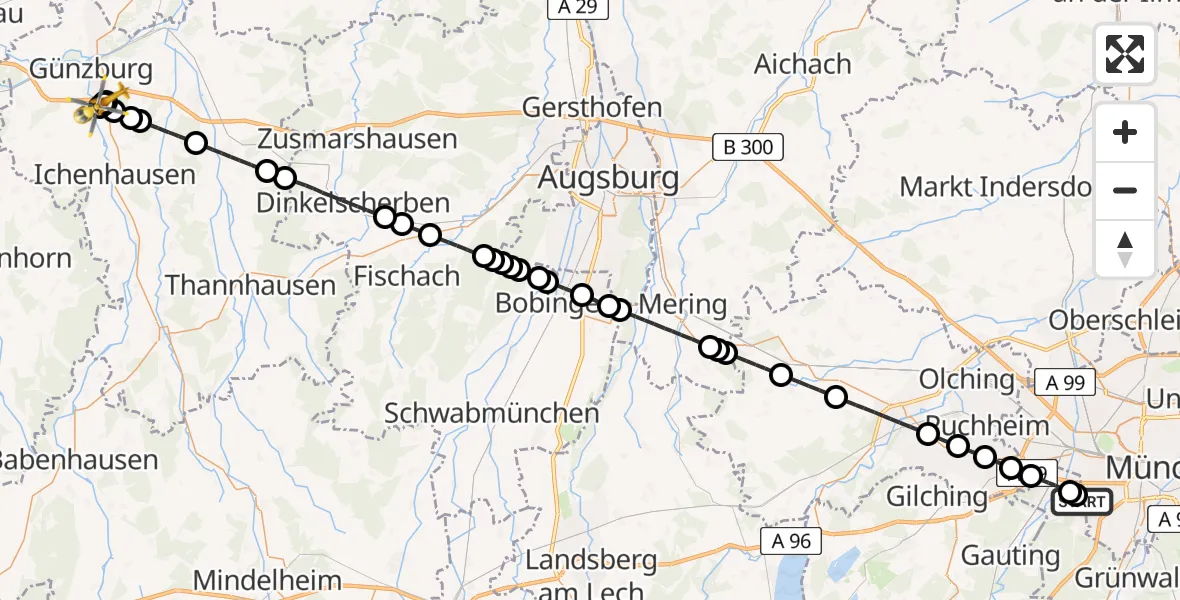 Flugroute Rettungshubschrauber DRF Air Rescue München Hubschrauberlandeplatz - Günzburg, 20 Mai 2026, 03:47