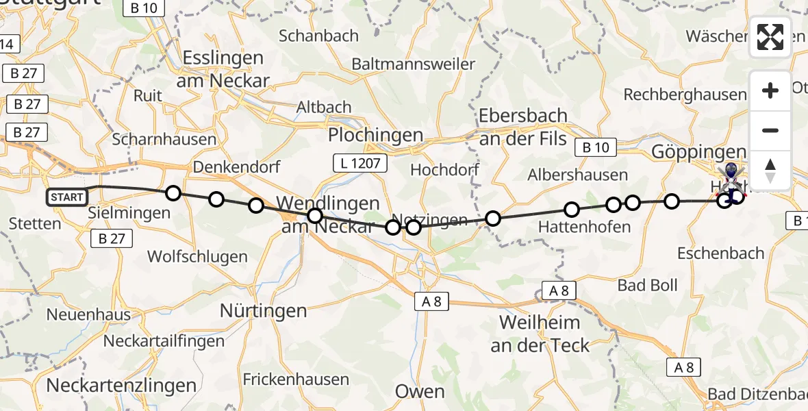 Flugroute Polizeihubschrauber Flughafen Stuttgart - Göppingen, 20 Mai 2026, 05:01