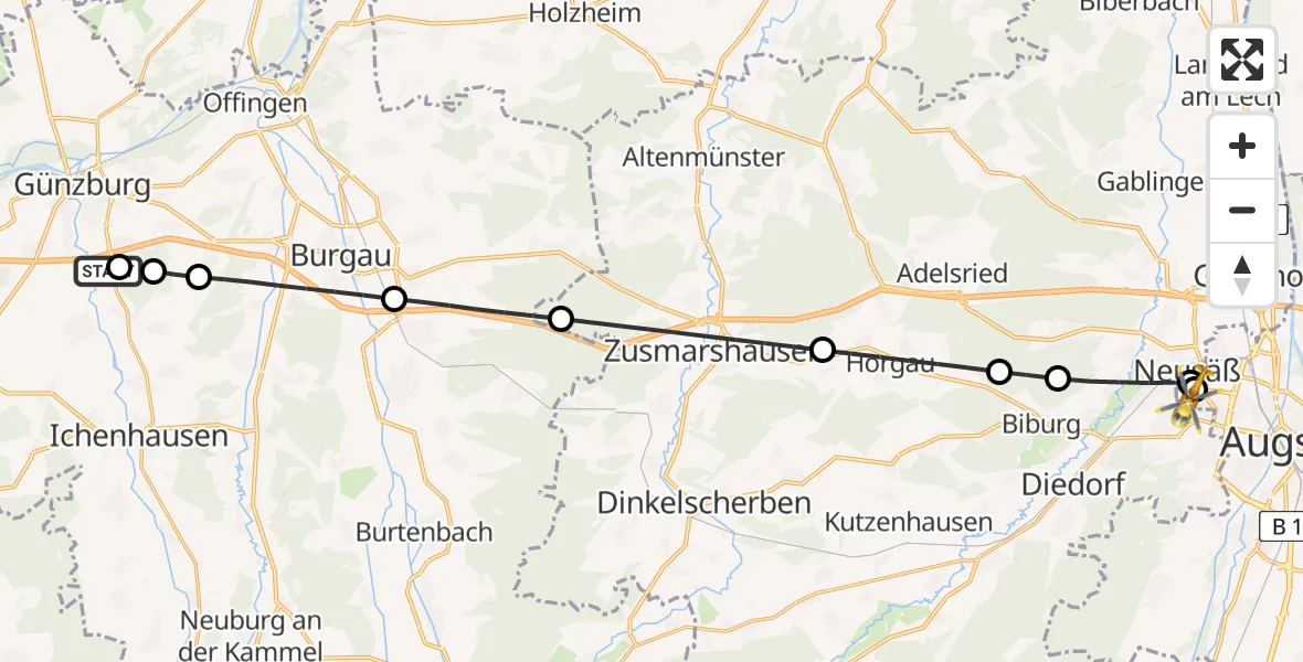 Flugroute Rettungshubschrauber Günzburg - Augsburg University Hospital, 20 Mai 2026, 05:20