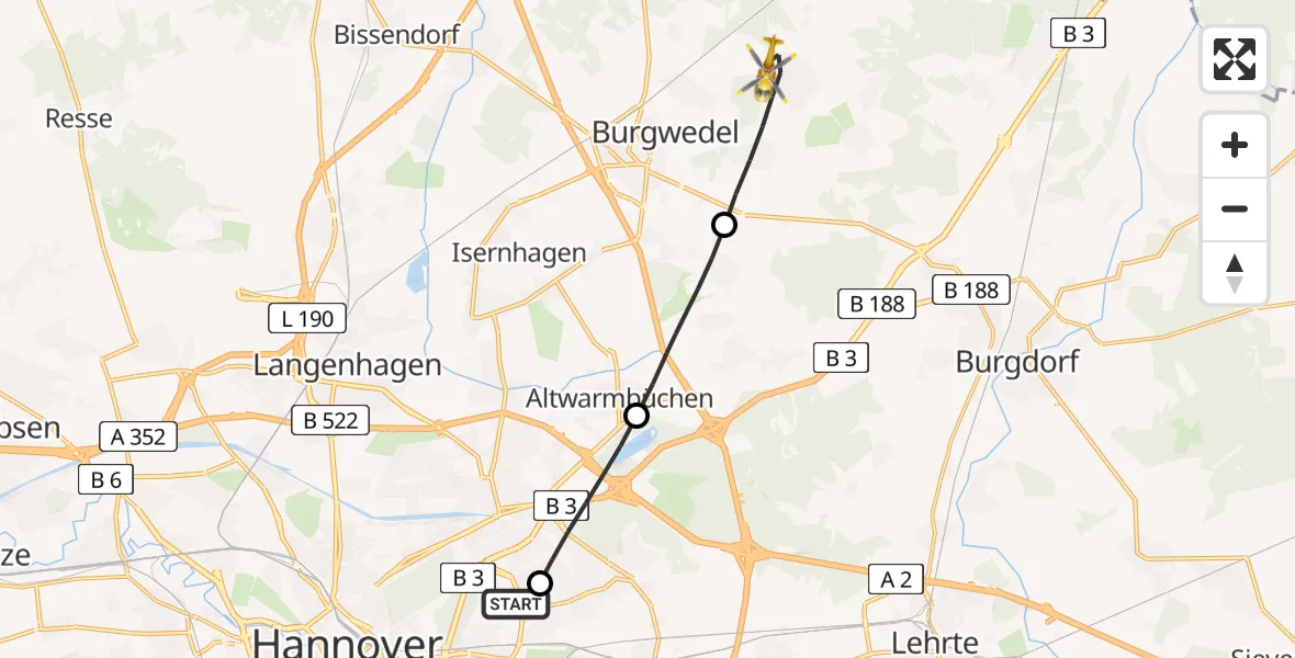 Flugroute Rettungshubschrauber Hannover Luftrettung Hubschrauberlandeplatz (Christoph 4) - Burgwedel, 20 Mai 2026, 05:24