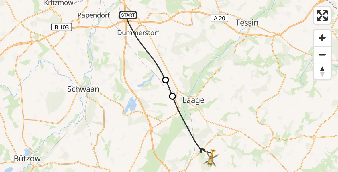 Flugroute Ambulanzhubschrauber Dummerstorf - Laage, 20 Mai 2026, 05:27