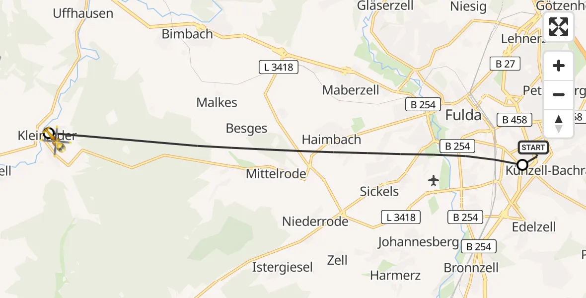 Flugroute Rettungshubschrauber Fulda Hospital - Großenlüder, 20 Mai 2026, 05:49