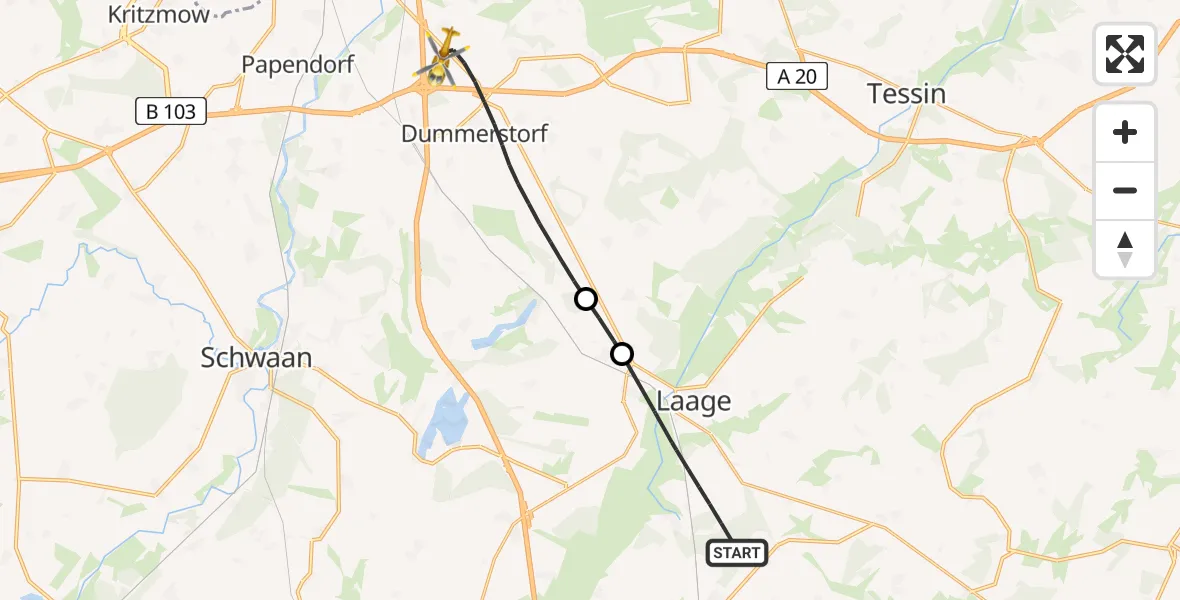 Flugroute Ambulanzhubschrauber Laage - Dummerstorf, 20 Mai 2026, 05:53