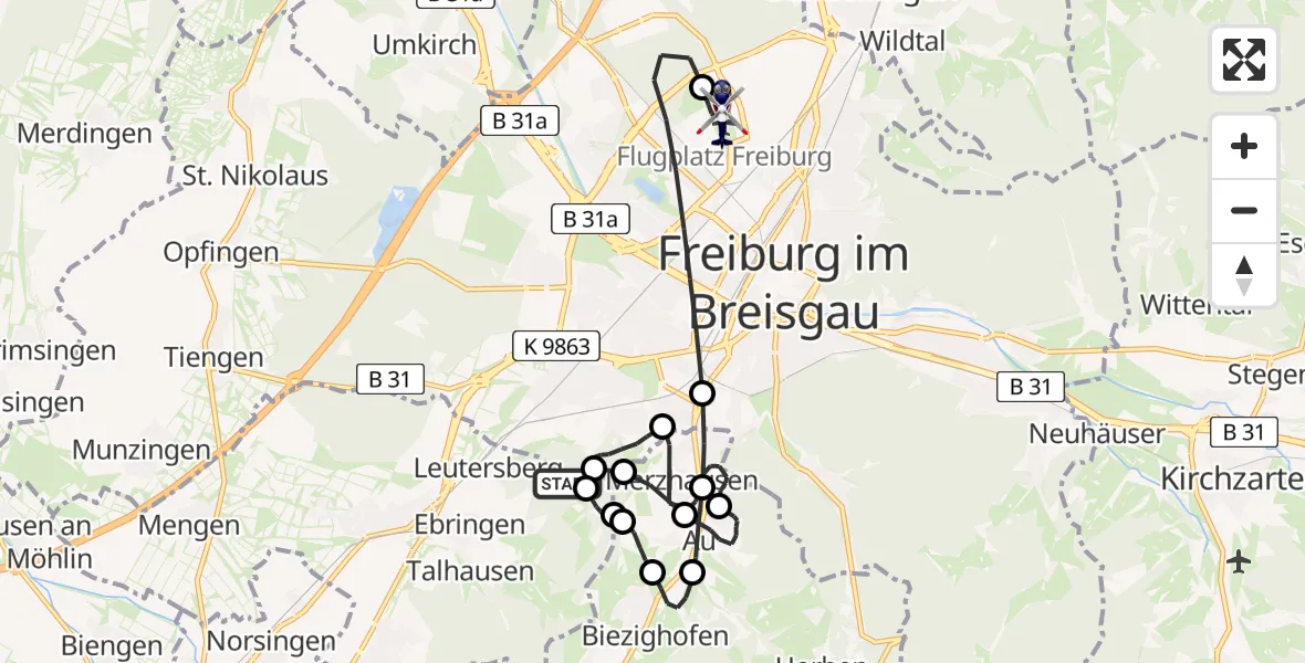 Flugroute Polizeihubschrauber Ebringen - Freiburg im Breisgau Flugplatz, 20 Mai 2026, 06:01
