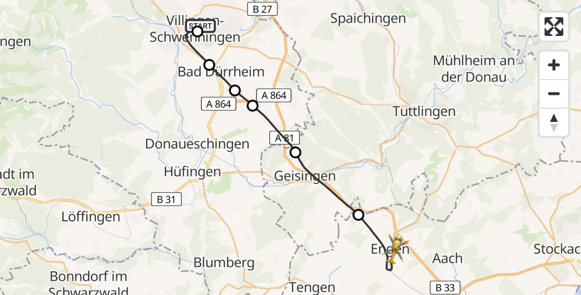 Flugroute Ambulanzhubschrauber DRF Air Rescue Station Villingen-Schwenningen Hubschrauberlandeplatz (Christoph 11) - Engen, 20 Mai 2026, 06:06