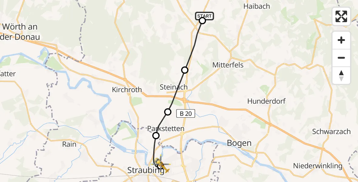Flugroute Rettungshubschrauber Rattiszell - Sankt Elisabeth Hospital Straubing, 20 Mai 2026, 06:09