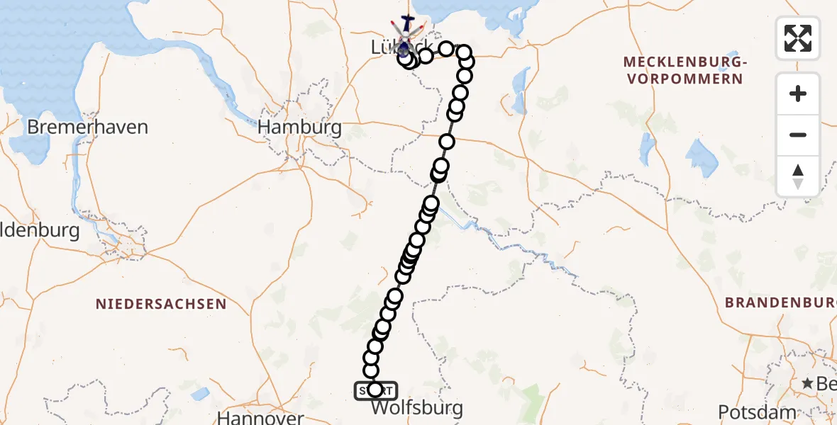 Flugroute Polizeihubschrauber Gifhorn Bundespolizei Hubschrauberlandeplatz - Lübeck, 20 Mai 2026, 06:13