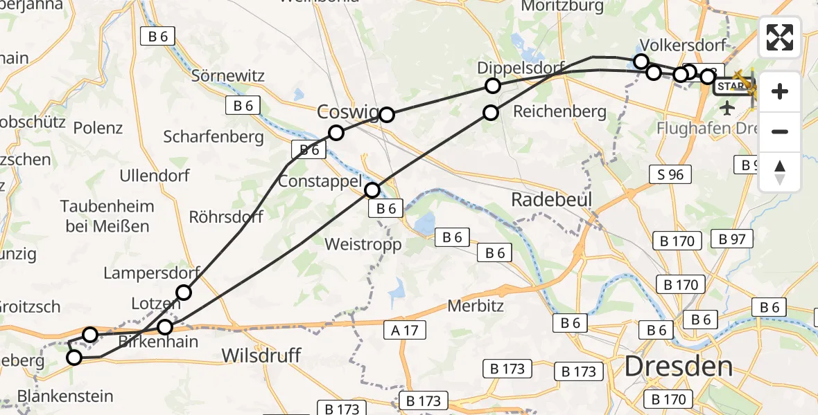 Flugroute Rettungshubschrauber Dresden Flughafen - Dresden Bundespolizei Hubschrauberlandeplatz, 20 Mai 2026, 06:18