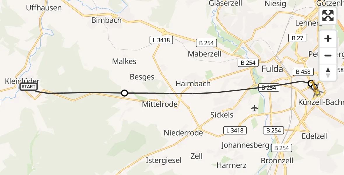 Flugroute Rettungshubschrauber Großenlüder - Fulda Hospital, 20 Mai 2026, 06:18
