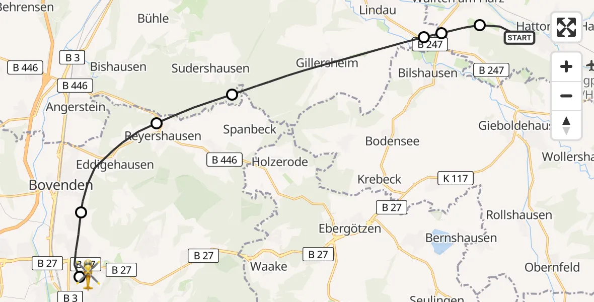 Flugroute Rettungshubschrauber Hattorf am Harz - Göttingen University Clinic Hubschrauberlandeplatz, 20 Mai 2026, 06:24