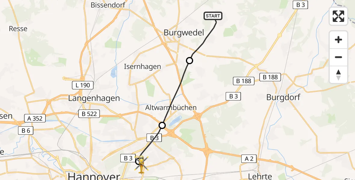 Flugroute Rettungshubschrauber Burgwedel - Hannover Luftrettung Hubschrauberlandeplatz (Christoph 4), 20 Mai 2026, 06:28