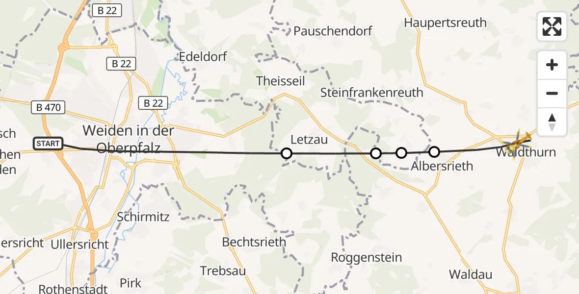 Flugroute Rettungshubschrauber Weiden i.d.OPf. - Waldthurn, 20 Mai 2026, 06:31