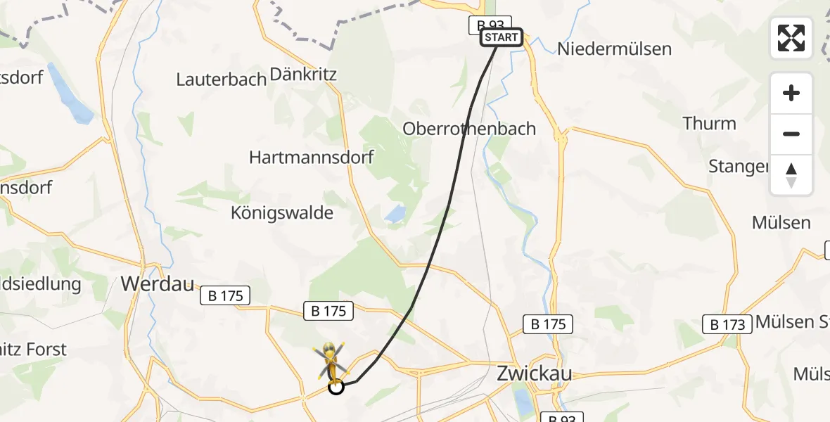 Flugroute Rettungshubschrauber Zwickau - ADAC Air Rescue Station Zwickau Hubschrauberlandeplatz, 20 Mai 2026, 06:39