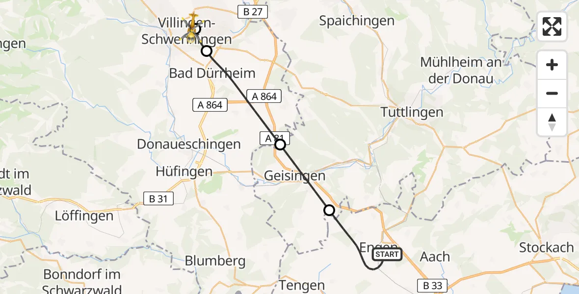 Flugroute Ambulanzhubschrauber Engen - DRF Air Rescue Station Villingen-Schwenningen Hubschrauberlandeplatz (Christoph 11), 20 Mai 2026, 06:48