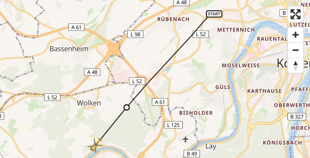 Flugroute Rettungshubschrauber Koblenz - Kobern-Gondorf, 20 Mai 2026, 06:48