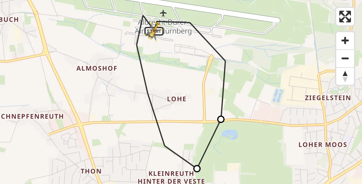 Flugroute Ambulanzhubschrauber Flughafen Nuremberg - Flughafen Nuremberg, 20 Mai 2026, 06:50