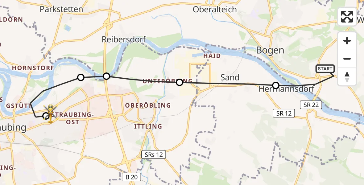 Flugroute Rettungshubschrauber Bogen - Sankt Elisabeth Hospital Straubing, 20 Mai 2026, 06:53