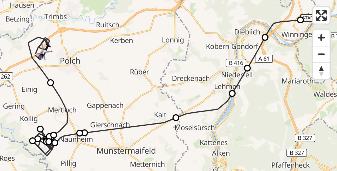 Flugroute Polizeihubschrauber Koblenz-Winningen Flugplatz - Polch, 20 Mai 2026, 07:04