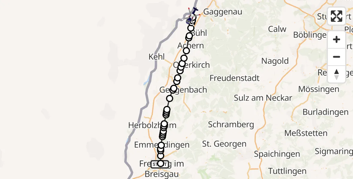 Flugroute Polizeihubschrauber Freiburg im Breisgau Flugplatz - Karlsruhe Baden-Baden Flughafen, 20 Mai 2026, 07:07
