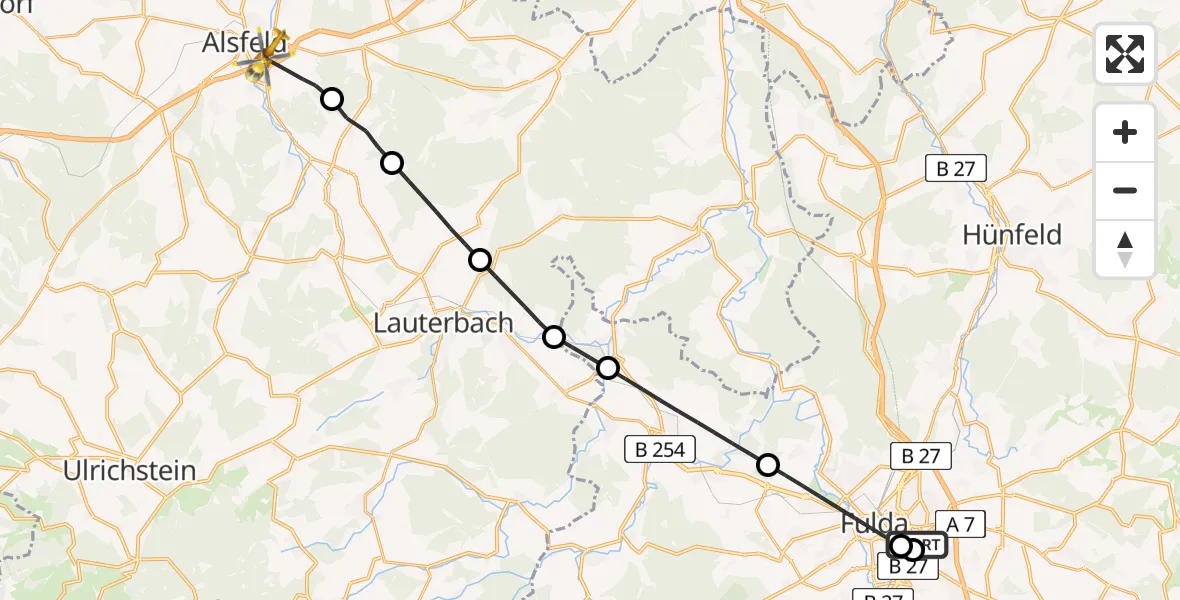 Flugroute Rettungshubschrauber Fulda Hospital - Alsfeld, 20 Mai 2026, 07:12