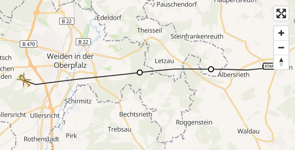 Flugroute Rettungshubschrauber Waldthurn - Weiden i.d.OPf., 20 Mai 2026, 07:14