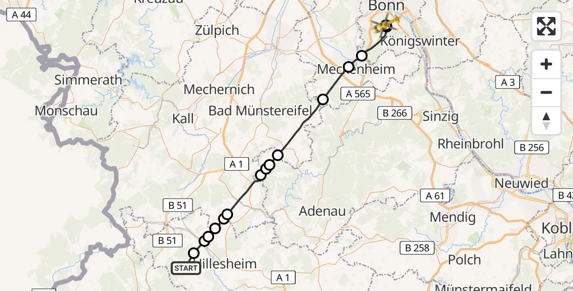 Flugroute Ambulanzhubschrauber Steffeln - Bonn University Hospital, 20 Mai 2026, 07:29