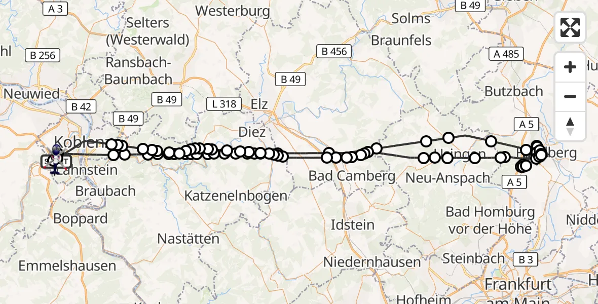 Flugroute Polizeihubschrauber Koblenz-Winningen Flugplatz - Koblenz-Winningen Flugplatz, 20 Mai 2026, 07:32