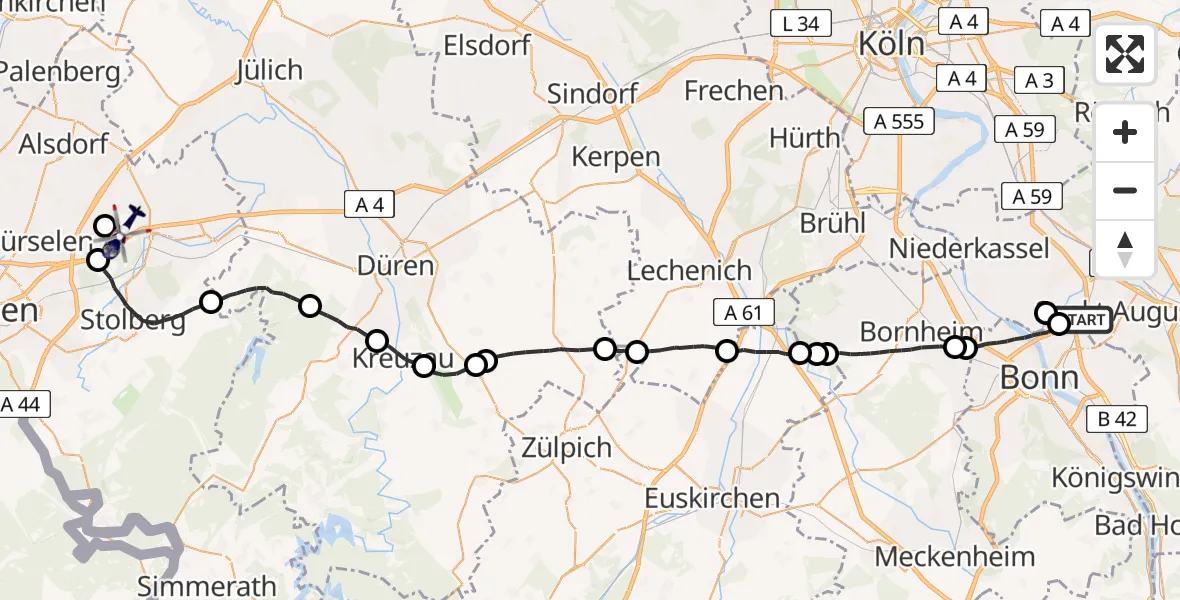 Flugroute Polizeihubschrauber Sankt Augustin - Eschweiler, 20 Mai 2026, 07:35