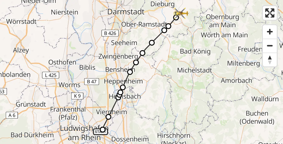 Flugroute Rettungshubschrauber Mannheim-City Flughafen - Groß-Umstadt, 20 Mai 2026, 07:39