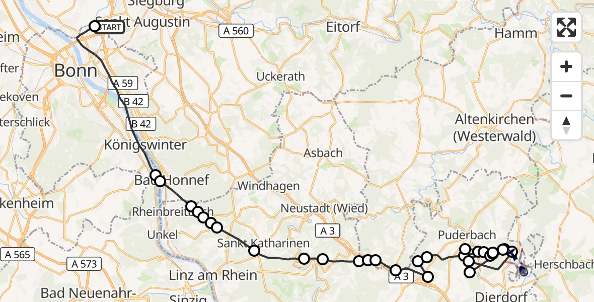 Flugroute Polizeihubschrauber Sankt Augustin - Dierdorf, 20 Mai 2026, 07:39