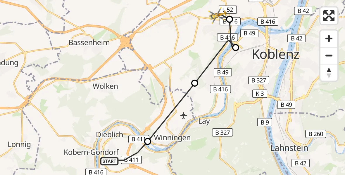 Flugroute Rettungshubschrauber Dieblich - Koblenz, 20 Mai 2026, 07:40