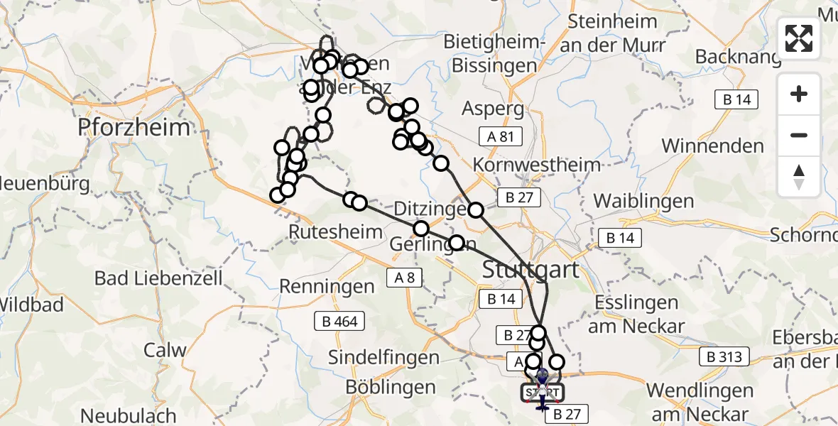 Flugroute Polizeihubschrauber Flughafen Stuttgart - Flughafen Stuttgart, 20 Mai 2026, 07:40