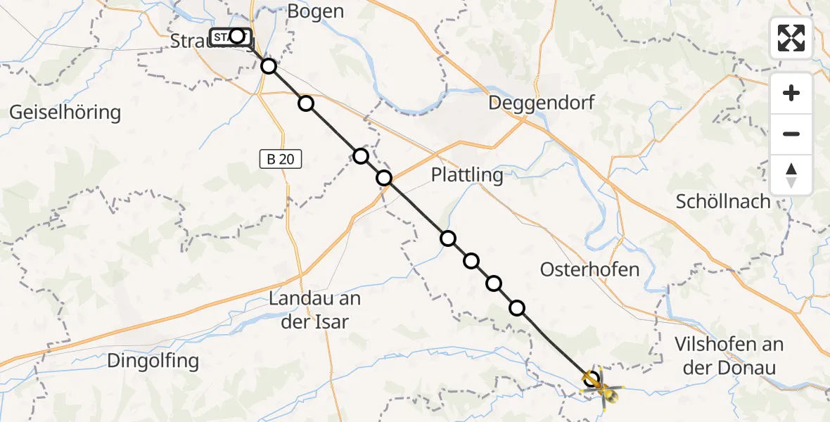 Flugroute Rettungshubschrauber Sankt Elisabeth Hospital Straubing - Aldersbach, 20 Mai 2026, 07:41