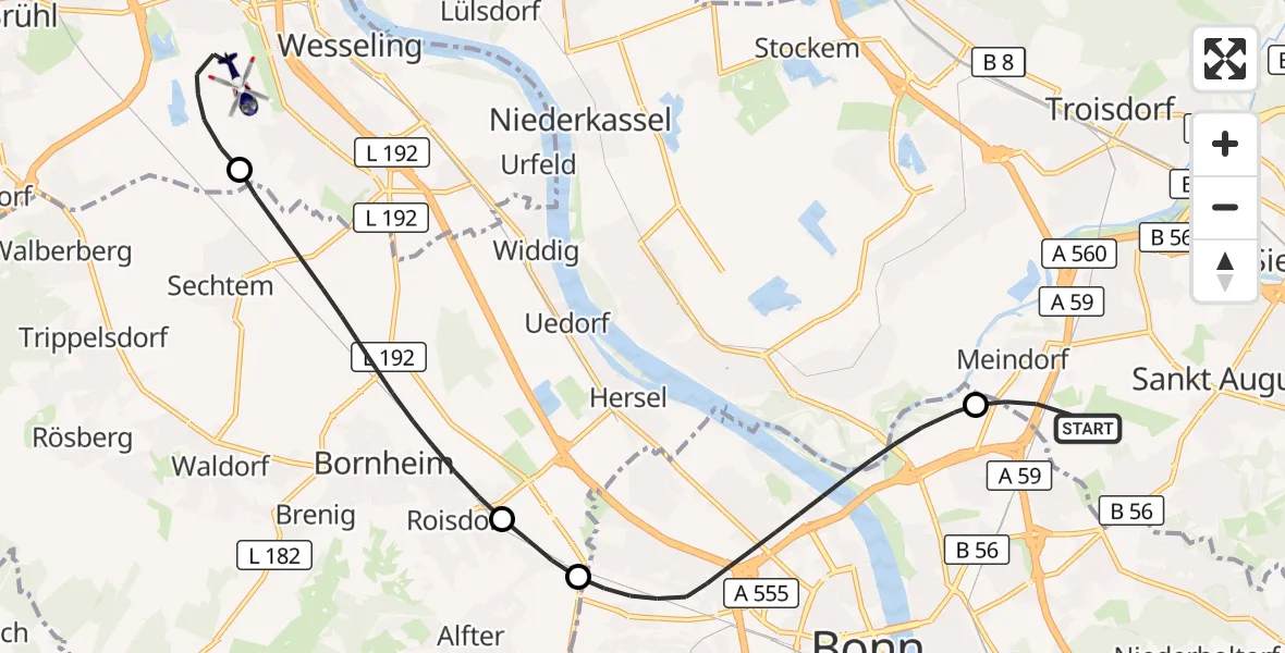Flugroute Polizeihubschrauber Sankt Augustin - Wesseling, 20 Mai 2026, 07:42