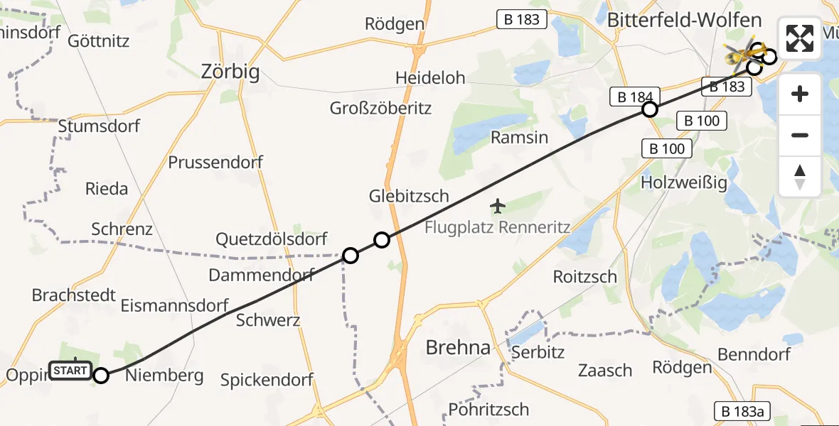 Flugroute Rettungshubschrauber Halle-Oppin Flugplatz - Bitterfield-Wolfen Health Center Hubschrauberlandeplatz, 20 Mai 2026, 07:46