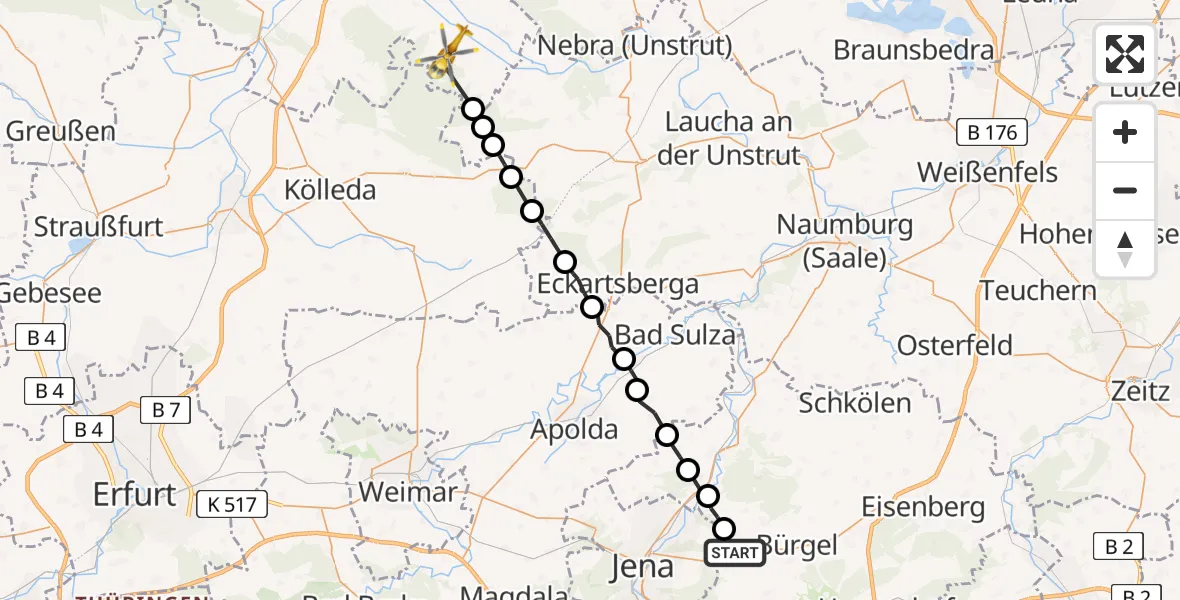 Flugroute Rettungshubschrauber Jenalöbnitz - Roßleben-Wiehe, 20 Mai 2026, 07:47