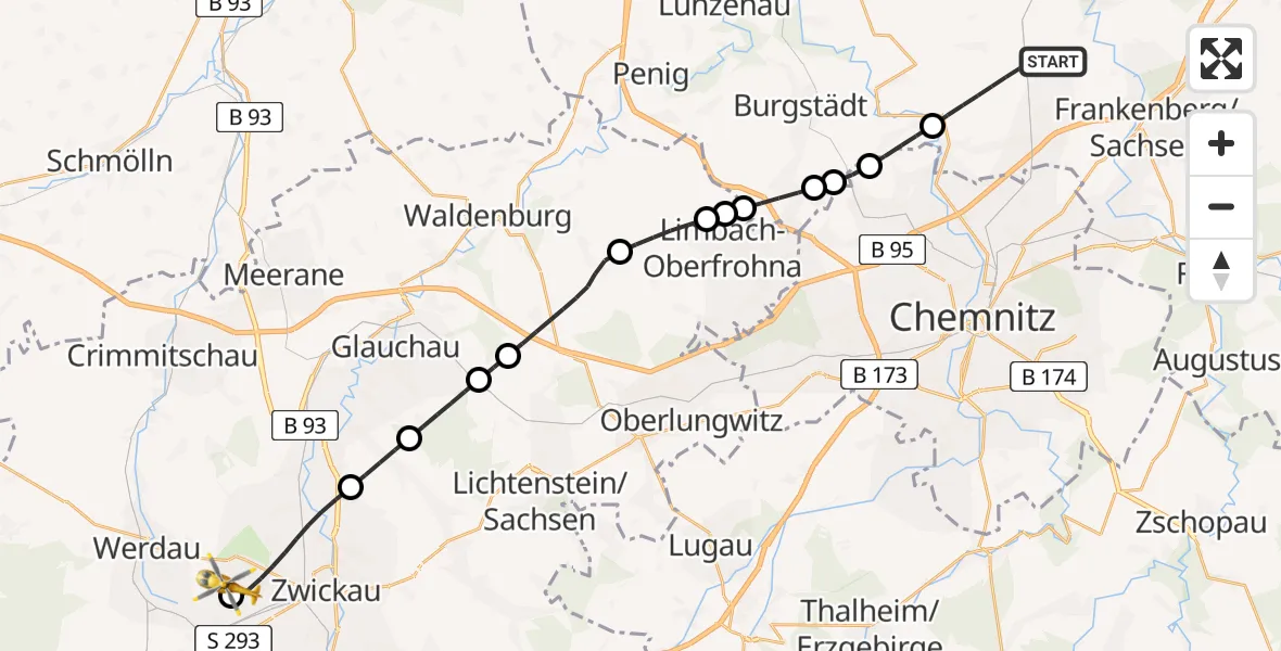 Flugroute Rettungshubschrauber Lichtenau - ADAC Air Rescue Station Zwickau Hubschrauberlandeplatz, 20 Mai 2026, 07:52
