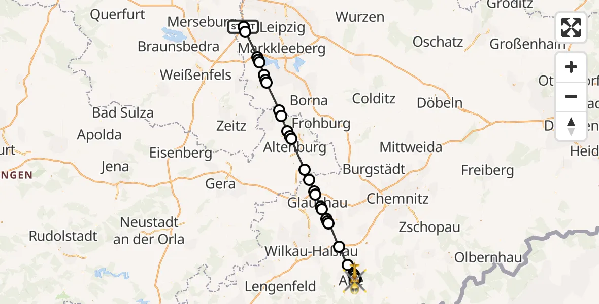 Flugroute Rettungshubschrauber Leuna - Helios Clinic Aue, 20 Mai 2026, 08:06
