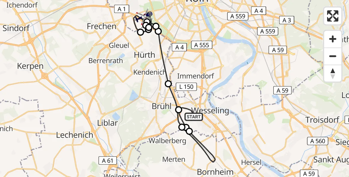 Flugroute Polizeihubschrauber Wesseling - Köln, 20 Mai 2026, 08:07