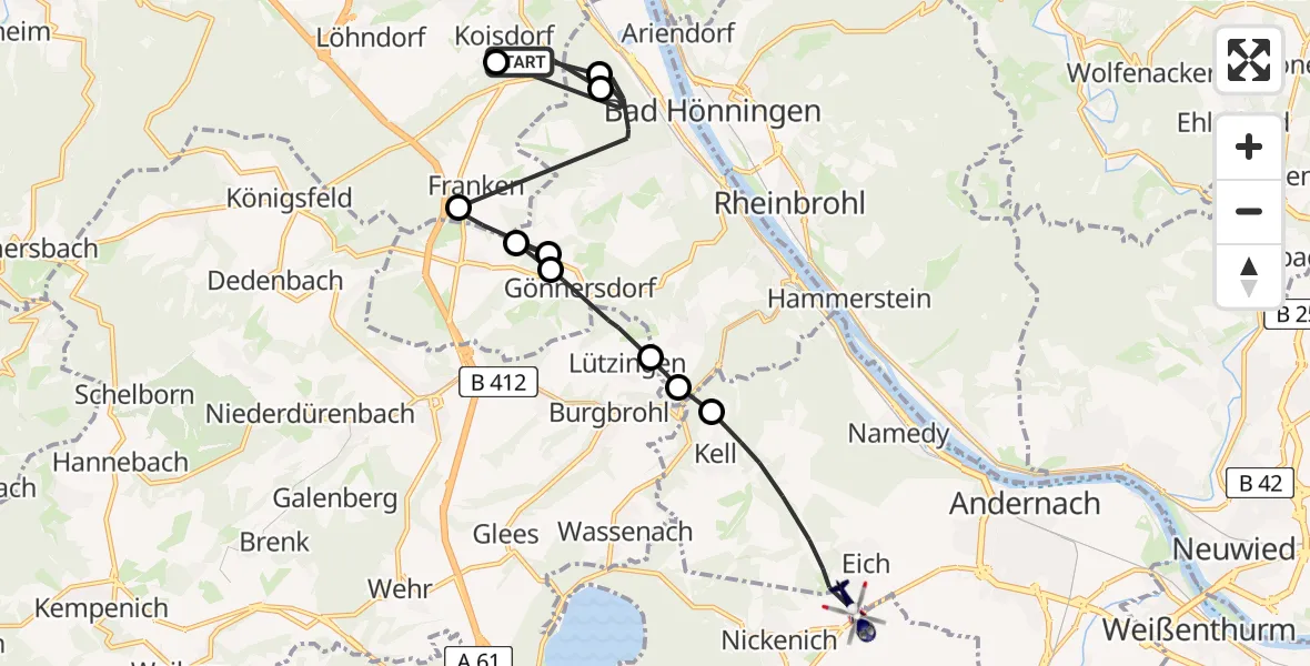 Flugroute Polizeihubschrauber Sinzig - Nickenich, 20 Mai 2026, 08:08