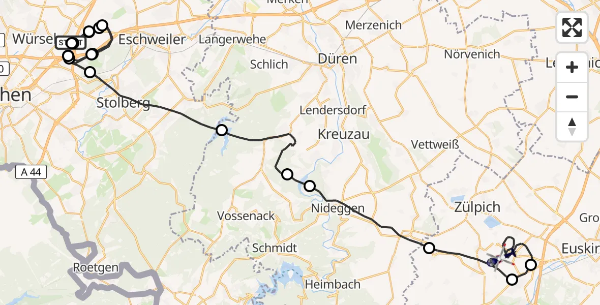 Flugroute Polizeihubschrauber Würselen - Zülpich, 20 Mai 2026, 08:10