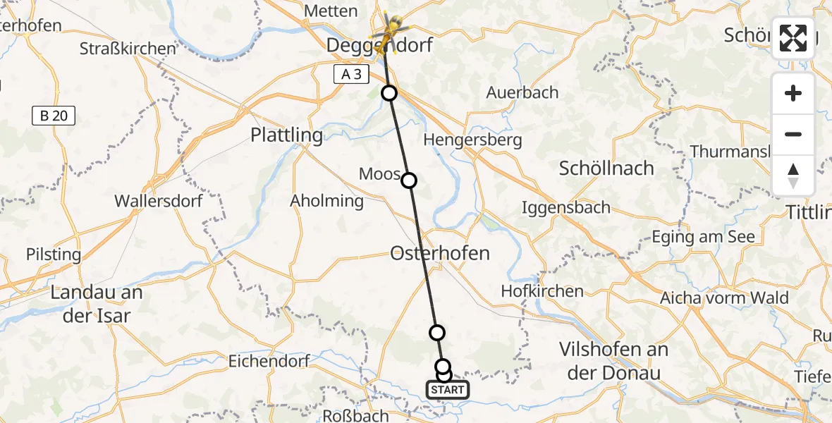 Flugroute Rettungshubschrauber Aldersbach - Deggendorf, 20 Mai 2026, 08:13