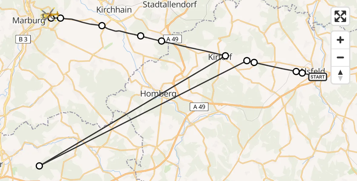 Flugroute Rettungshubschrauber Alsfeld - Marburg University Hospital Rooftop, 20 Mai 2026, 08:18