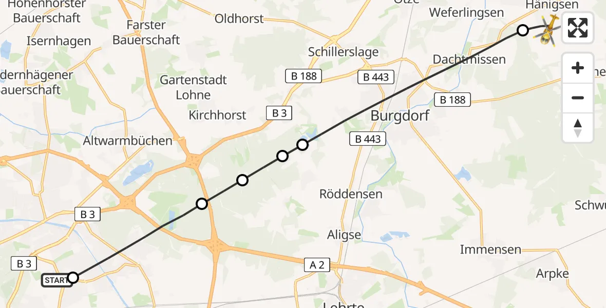 Flugroute Rettungshubschrauber Hannover Luftrettung Hubschrauberlandeplatz (Christoph 4) - Uetze, 20 Mai 2026, 08:22